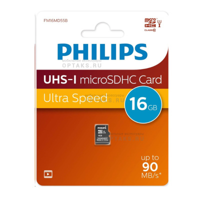 Карта памяти microSD 16 Гб Philips, High Speed, Class10 UHS-I U1, R/W 90MB/s